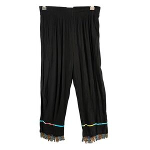 Vintage Key Lime Pie Pants Womens M Black Beaded Fringe High Rise Boho Festival
